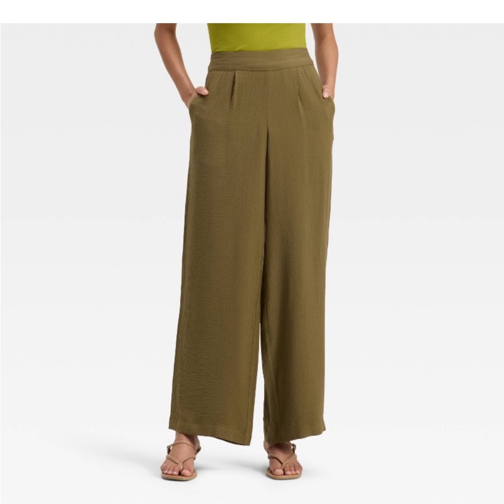 NWT A new day Olive Wide-Leg High Rise Women's Pants gauze pull up sz Small
